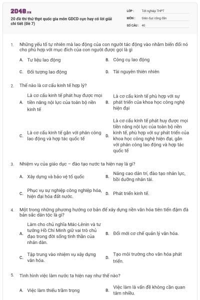 20 đề thi thử thpt quốc gia môn GDCD cực hay có lời giải chi tiết (Đề 7)