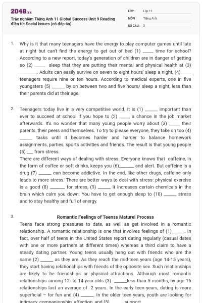 Trắc nghiệm Tiếng Anh 11 Global Success Unit 9 Reading điền từ: Social issues (có đáp án)