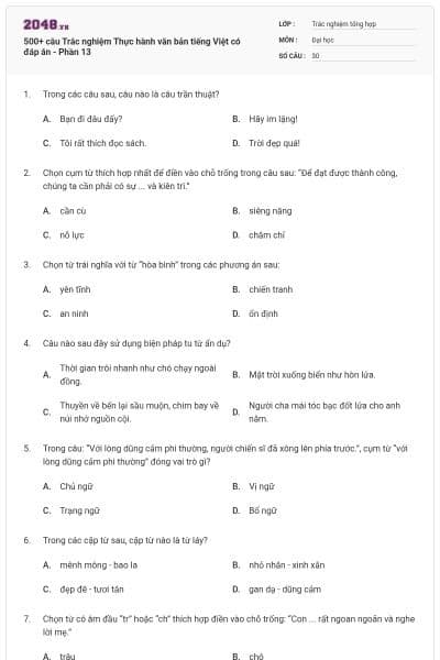 500+ câu Trắc nghiệm Thực hành văn bản tiếng Việt có đáp án - Phần 13