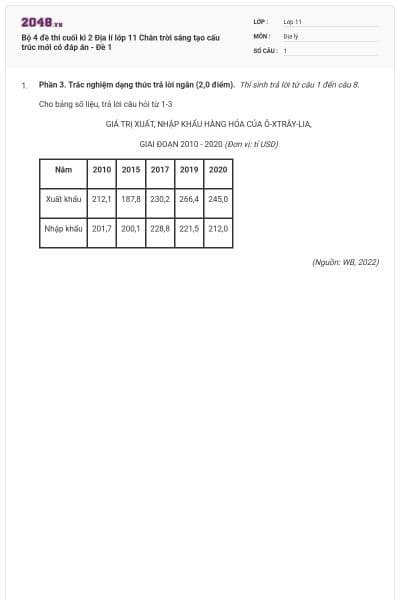 Bộ 4 đề thi cuối kì 2 Địa lí lớp 11 Chân trời sáng tạo cấu trúc mới có đáp án - Đề 1