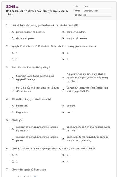Bộ 4 đề thi cuối kì 1 KHTN 7 Cánh diều (nối tiếp) có đáp án - Đề 4
