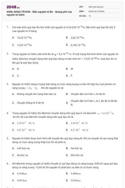 ĐGNL ĐHQG TP.HCM - Mẫu nguyên tử Bo - Quang phổ của nguyên tử hiđrô
