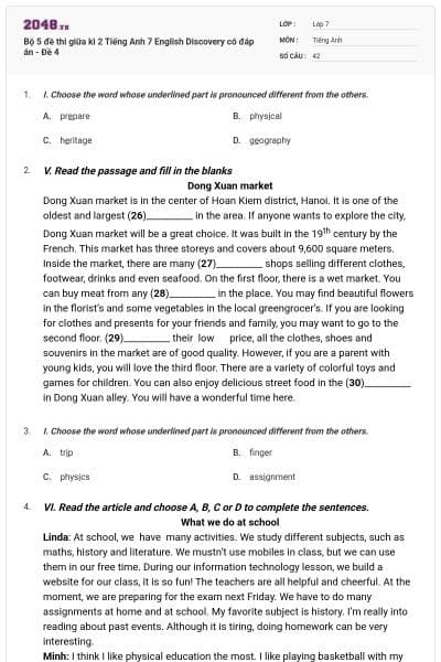 Bộ 5 đề thi giữa kì 2 Tiếng Anh 7 English Discovery có đáp án - Đề 4