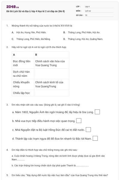 Đề thi Lịch Sử và Địa Lí lớp 4 Học kì 2 có đáp án (Đề 8)