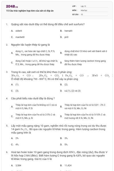 15 Câu trắc nghiệm hợp kim của sắt có đáp án