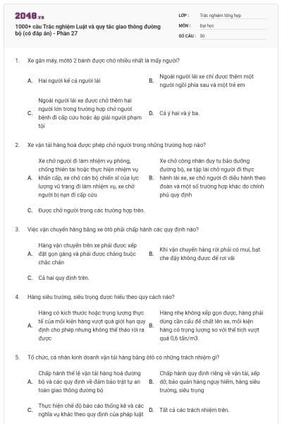 1000+ câu Trắc nghiệm Luật và quy tắc giao thông đường bộ (có đáp án) - Phần 27
