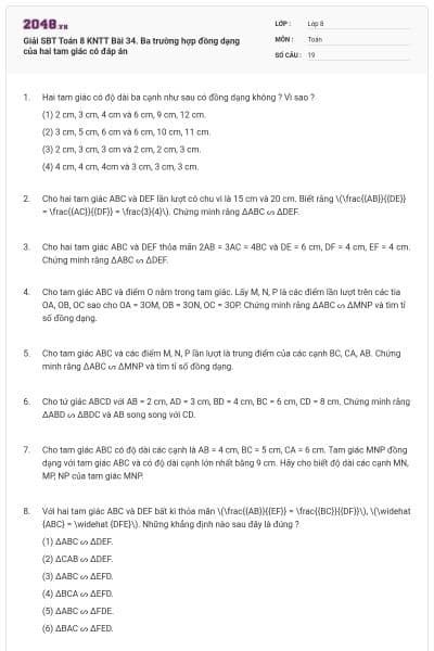 Giải SBT Toán 8 KNTT Bài 34. Ba trường hợp đồng dạng của hai tam giác có đáp án