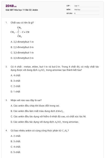 Giải SBT Hóa học 11 Bài 32: Ankin