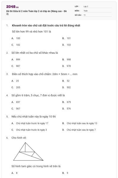 Đề thi Giữa kì 2 môn Toán lớp 2 có đáp án (Nâng cao - Đề 3)