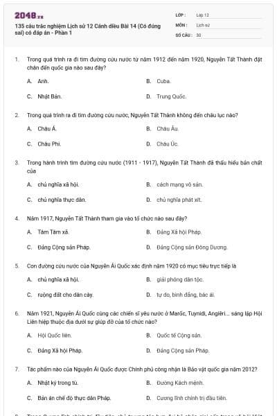 135 câu trắc nghiệm Lịch sử 12 Cánh diều Bài 14 (Có đúng sai) có đáp án - Phần 1