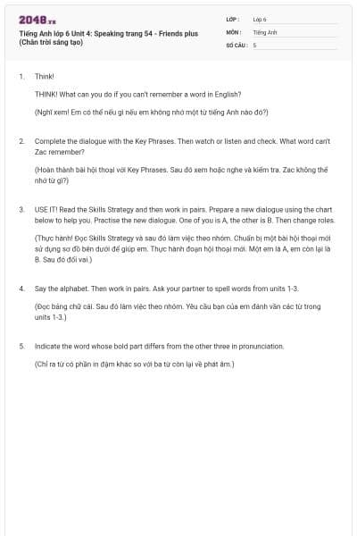 Tiếng Anh lớp 6 Unit 4: Speaking trang 54 - Friends plus (Chân trời sáng tạo)