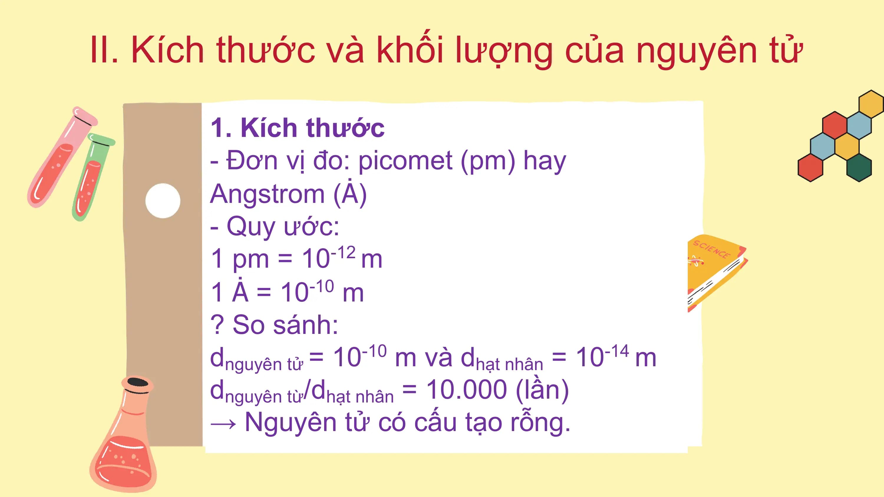 II. Kích thước và khối lượng của nguyên tử
 1. Kích thước
 - Đơn vị đo: picomet (pm) hay
 Angstrom (Ȧ)
 - Quy ước:
 1 pm = 10 m -12

 1 Ȧ = 10-10 m
 ? So sánh:
 dnguyên tử = 10 m và dhạt nhân = 10 m
 -10 -14

 dnguyên từ/dhạt nhân = 10.000 (lần)
 → Nguyên tử có cấu tạo rỗng.