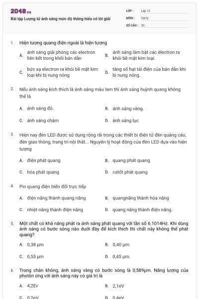 Bài tập Lượng tử ánh sáng mức độ thông hiểu có lời giải