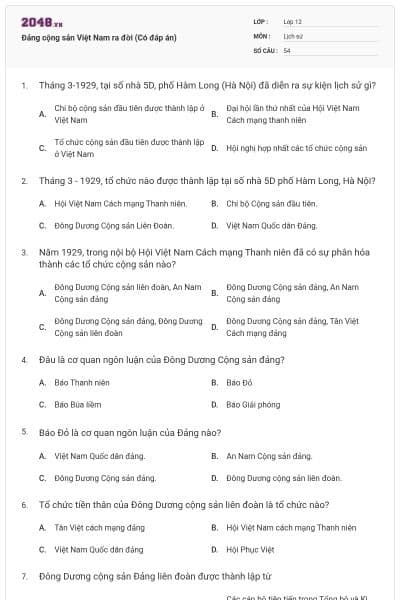 Đảng cộng sản Việt Nam ra đời (Có đáp án)
