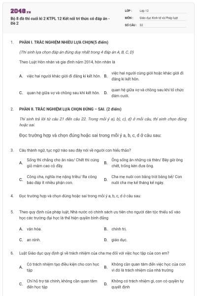 Bộ 8 đề thi cuối kì 2 KTPL 12 Kết nối tri thức có đáp án - Đề 2