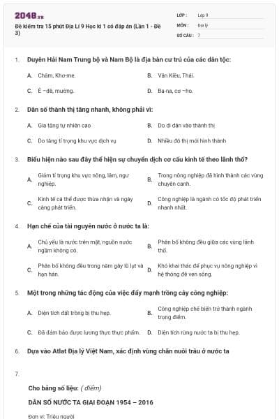 Đề kiểm tra 15 phút Địa Lí 9 Học kì 1 có đáp án (Lần 1 - Đề 3)