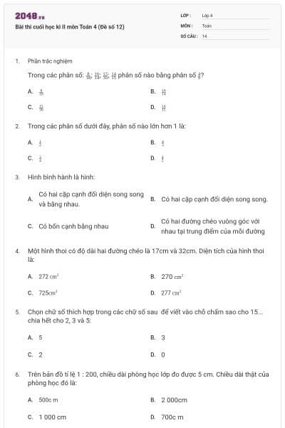 Bài thi cuối học kì II môn Toán 4 (Đề số 12)