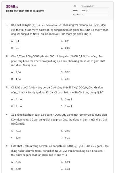 Bài tập thủy phân este có gốc phenyl