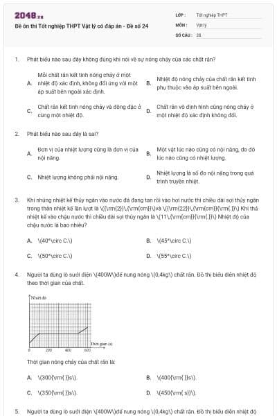 Đề ôn thi Tốt nghiệp THPT Vật lý có đáp án - Đề số 24