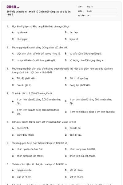 Bộ 5 đề thi giữa kì 1 Địa lí 10 Chân trời sáng tạo có đáp án - Đề 5