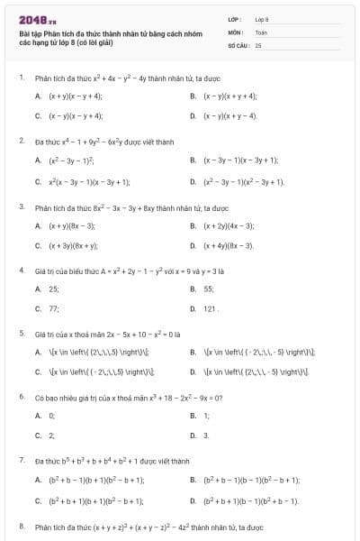 Bài tập Phân tích đa thức thành nhân tử bằng cách nhóm các hạng tử lớp 8 (có lời giải)
