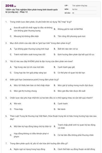 1000+ câu Trắc nghiệm Đàm phán trong kinh doanh quốc tế (có đáp án) - Phần 12