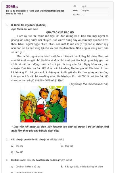 Bộ 10 đề thi cuối kì 2 Tiếng Việt lớp 2 Chân trời sáng tạo có đáp án - Đề 1