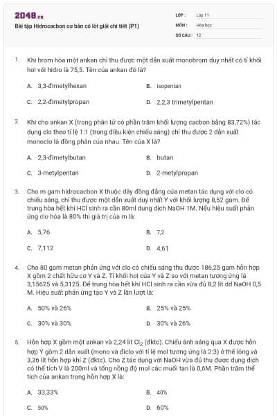 Bài tập Hidrocacbon cơ bản có lời giải chi tiết (P1)