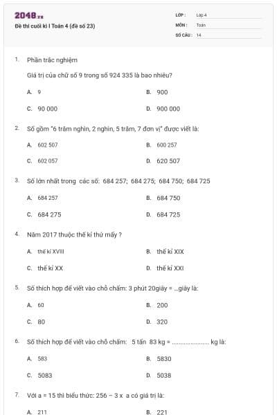 Đề thi cuối kì I Toán 4 (đề số 23)