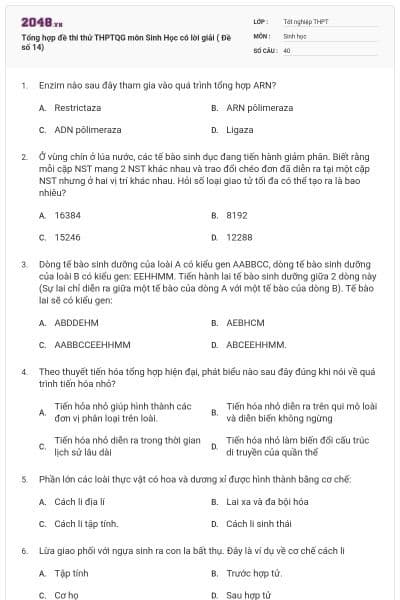 Tổng hợp đề thi thử THPTQG môn Sinh Học có lời giải ( Đề số 14)