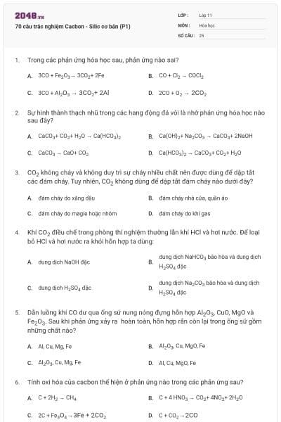 70 câu trắc nghiệm Cacbon - Silic cơ bản (P1)