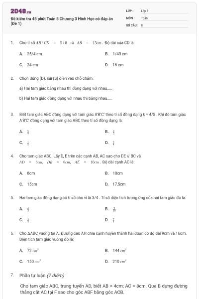 Đề kiểm tra 45 phút Toán 8 Chương 3 Hình Học có đáp án (Đề 1)