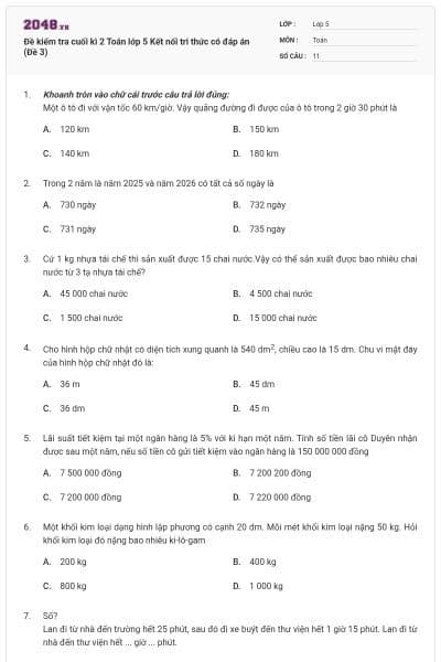 Đề kiểm tra cuối kì 2 Toán lớp 5 Kết nối tri thức có đáp án (Đề 3)