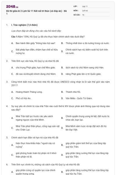 Đề thi giữa kì 2 Lịch Sử 11 Kết nối tri thức (có đáp án) - Đề 1