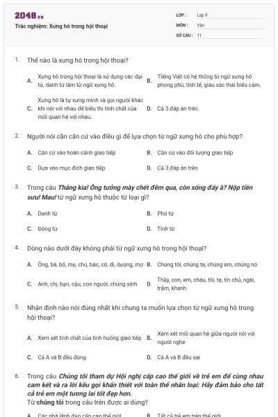 Trắc nghiệm: Xưng hô trong hội thoại