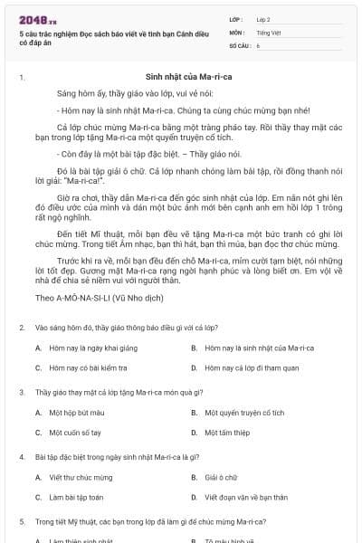 5 câu trắc nghiệm Đọc sách báo viết về tình bạn Cánh diều có đáp án