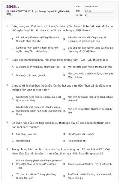 Đề thi thử THPTQG 2019 Lịch Sử cực hay có lời giải chi tiết (P1)