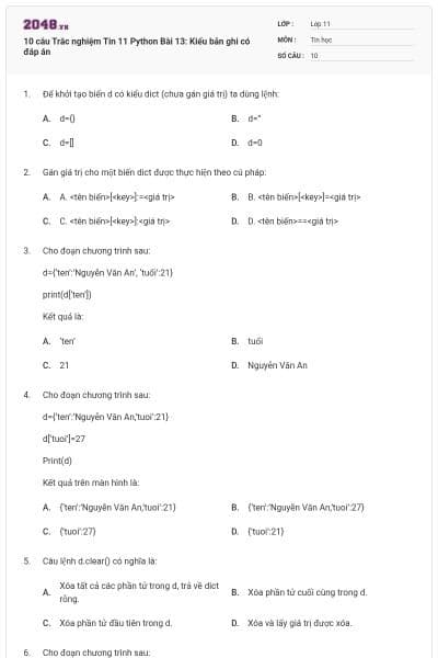 10 câu  Trắc nghiệm Tin 11 Python Bài 13: Kiểu bản ghi có đáp án