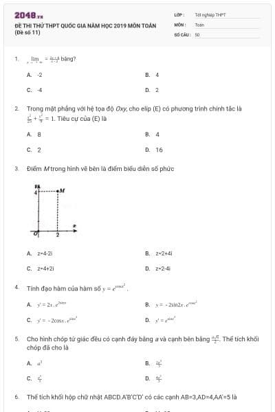 ĐỀ THI THỬ THPT QUỐC GIA NĂM HỌC 2019 MÔN TOÁN (Đề số 11)