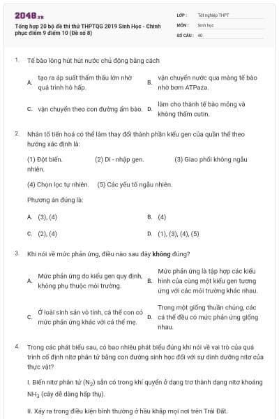 Tổng hợp 20 bộ đề thi thử THPTQG 2019 Sinh Học - Chinh phục điểm 9 điểm 10 (Đề số 8)
