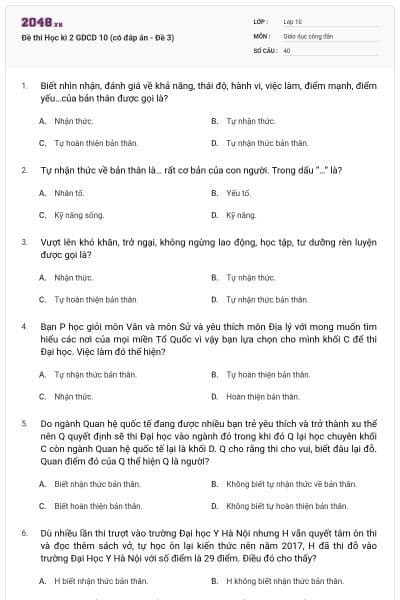 Đề thi Học kì 2 GDCD 10 (có đáp án - Đề 3)