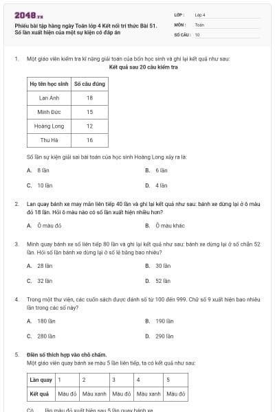 Phiếu bài tập hàng ngày Toán lớp 4 Kết nối tri thức Bài 51. Số lần xuất hiện của một sự kiện có đáp án