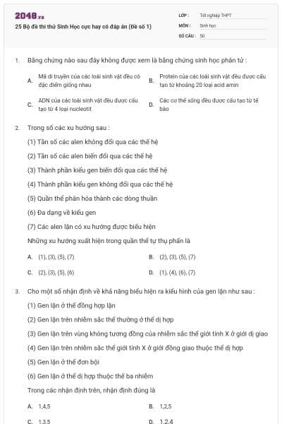 25 Bộ đề thi thử Sinh Học cực hay có đáp án (Đề số 1)