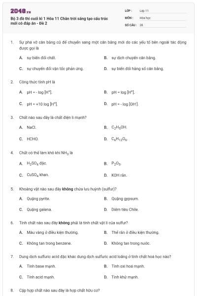 Bộ 3 đề thi cuối kì 1 Hóa 11 Chân trời sáng tạo cấu trúc mới có đáp án - Đề 2