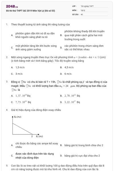 Đề thi thử THPT QG 2019 Môn Vật Lý (Đề số 03)