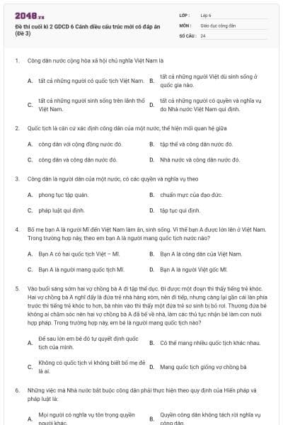 Đề thi cuối kì 2 GDCD 6 Cánh diều cấu trúc mới có đáp án (Đề 3)