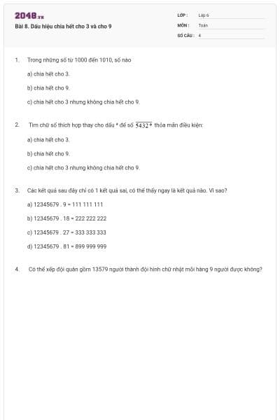 Bài 8. Dấu hiệu chia hết cho 3 và cho 9