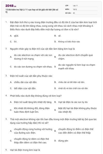 13 Đề kiểm tra Vật Lí 11 cực hay có lời giải chi tiết (Đề số 9)