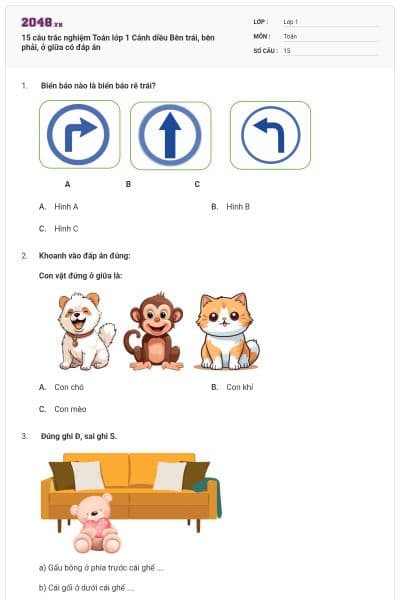 15 câu trắc nghiệm Toán lớp 1 Cánh diều Bên trái, bên phải, ở giữa có đáp án