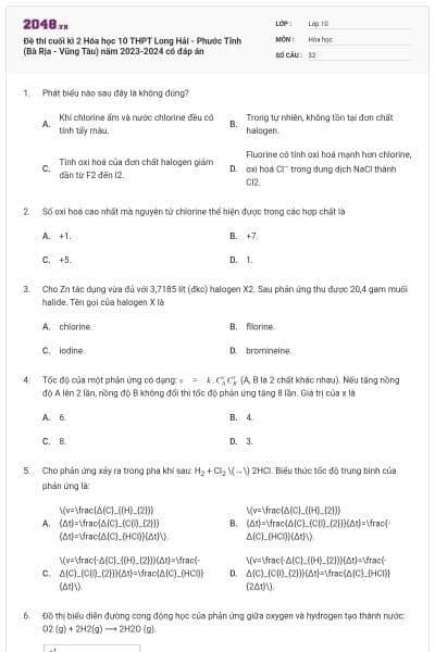 Đề thi cuối kì 2 Hóa học 10 THPT Long Hải - Phước Tỉnh (Bà Rịa - Vũng Tàu) năm 2023-2024 có đáp án